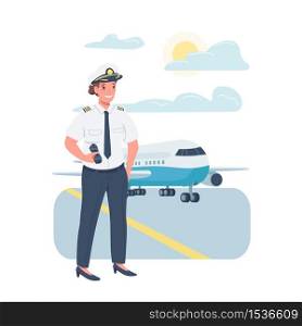 Woman airplane pilot flat color vector detailed character. Gender balance at workplace. Female working in airline industry isolated cartoon illustration for web graphic design and animation. Woman airplane pilot flat color vector detailed character