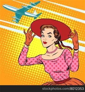 Woman airport journey pop art retro style. Tourism and rest. Girl in wide-brimmed hat sees off the plane. Woman airport journey