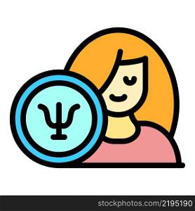 Woman and a sign of psychology icon. Outline woman and a sign of psychology vector icon color flat isolated. Woman and a sign of psychology icon color outline vector