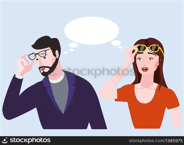 Woman and bearded emotion man surprised in glasses.. Woman and bearded emotion man surprised in glasses. Shocked expression bubble vector illustration isolated cartoon style