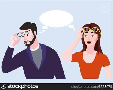 Woman and bearded emotion man surprised in glasses.. Woman and bearded emotion man surprised in glasses. Shocked expression bubble vector illustration isolated cartoon style