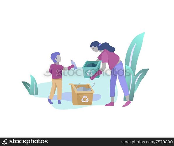 Woman and boy Recycle Sort organic Garbage in different container for Separation to Reduce Environment Pollution. Mather with child collect garbage. Environmental day vector cartoon illustration. people and children Recycle Sort organic Garbage in different container for Separation to Reduce Environment Pollution. Family with kids collect garbage. Environmental day vector cartoon