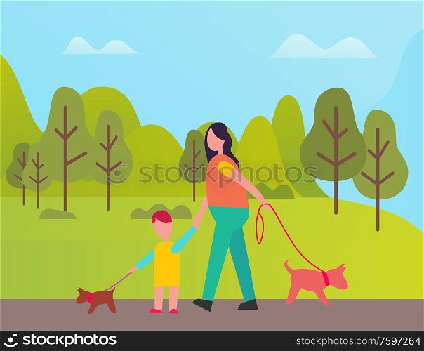 Woman and boy walking with pet in green spring forest. Vector mother and son with dogs on leash among trees and bushes, people with animals outdoors. Woman and Boy Walking with Pet Green Spring Forest