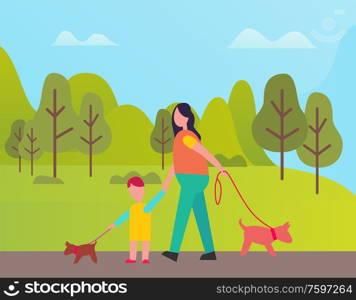Woman and boy walking with pet in green spring forest. Vector mother and son with dogs on leash among trees and bushes, people with animals outdoors. Woman and Boy Walking with Pet Green Spring Forest