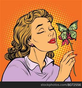 Woman and butterfly money, pop art retro vector illustration. Business and Finance. A great charity