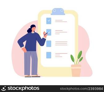 Woman and checklist. Successful time management. Female business character fills in list. Tasks, self control vector concept. Illustration of management organization time. Woman and checklist. Successful time management. Female business character fills in list. Tasks, self control vector concept