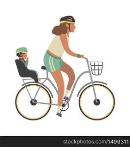 Woman and child on bicycle. Young happy mother with baby riding vector family travel activities illustraton. Woman and child on bicycle. Young happy mother with baby riding vector family activities illustraton