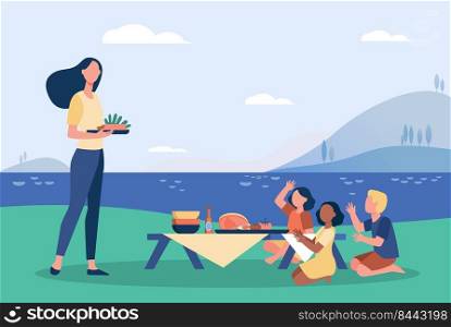 Woman and children having picnic near river. Nature, together, family. Flat vector illustration. Food and family amusement concept can be used for presentations, banner, website design, landing web page
