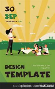 Woman and children having picnic near river. Nature, together, family. Flat vector illustration. Food and family amusement concept can be used for presentations, banner, website design, landing web page