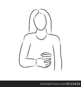 Woman and coffee, vector. Hand drawn sketch. Woman with a cup of coffee.