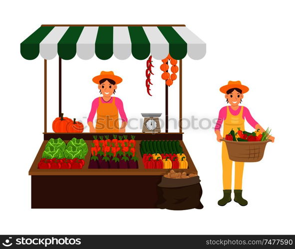 Woman and farmer isolated icons set. Seller vendor with cabbage and pepper, cucumbers and carrots, pumpkin and tomatoes. Female holds basket vector. Woman and Farmer Icons Set Vector Illustration