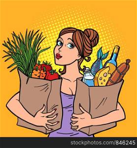 woman and food bags. Pop art retro vector illustration drawing. woman and food bags