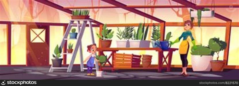 Woman and girl care plants in glass greenhouse. Vector cartoon interior of hothouse for cultivation and growing garden plants in pots. Mother with watering can and daughter in orangery. Woman and girl care plants in glass greenhouse