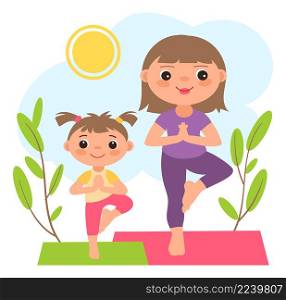 Woman and girl doing yoga pose outdoor. Family workout isolated on white background. Woman and girl doing yoga pose outdoor. Family workout