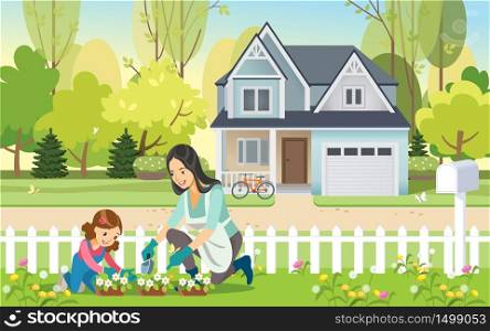 Woman and girl, mother and daughter, gardening together planting flowers in the garden. Concept motherhood child-rearing. Vector illustration. Woman and girl, mother and daughter, gardening together planting flowers in the garden. Concept motherhood child-rearing. Vector illustration.