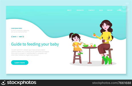 Woman and kid eating healthy food, fruits and drinking apple juice. Mother feeding baby sitting by table. Mom taking care of child at breakfast. Website or webpage template, landing page vector. Mom Feeding Baby with Organic Fruits Website Page
