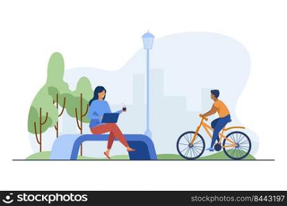 Woman and kid relaxing in park. Cycling, working outside. Flat vector illustration. Leisure concept can be used for presentations, banner, website design, landing web page
