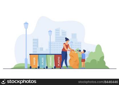 Woman and kid sorting garbage. People holding trash bag near different bins flat vector illustration. Waste sorting, trash collection concept for banner, website design or landing web page