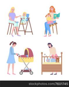 Woman and kid vector, mother reading story to daughter, lady with pram, mom looking at child sleeping in cradle with plush toy bear. Feeding infant. Mother and Children, Cradle and Baby, Story Time