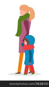 Woman and kid wearing warm clothes walking outdoors vector. Mom and child spending time outside in winter. Kiddo wearing thick jacket and hood with scarf on neck. Family on weekends isolated. Mother Holding Kids Hand and Walking Straight