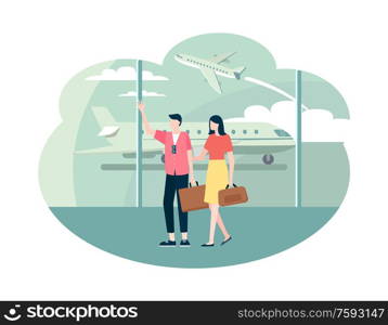 Woman and man arrived in airport vector, couple on vacation, holiday of pair walking to passport control. Flights and planes, male with sunglasses. Time to Travel, Couple with Baggage in Airport