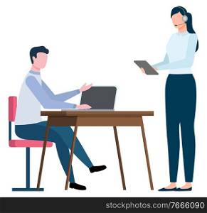 Woman and man at office vector, isolated characters at work busy with tasks. Programming male boss with female secretary looking at tablet and wearing headphones. Assistant with modern devices. Woman and Man Working at Office Secretary Teamwork