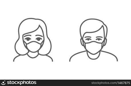 Woman and man avatars wearing facial protective masks. Anti coronavirus or disease concept. Editable icon. Premium design.