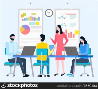 Woman and man character working in office vector, people with work tasks. Boss talking to employees about new projects filling in details, deadlines. Working Place for Coders and Brokers Business