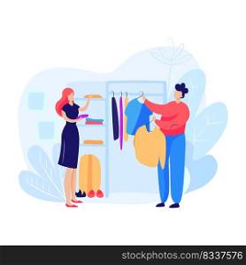 Woman and man choosing clothes. Salesman, store, clothes. Shopping concept. Vector illustration can be used for topics like shopping, fashion, advertising