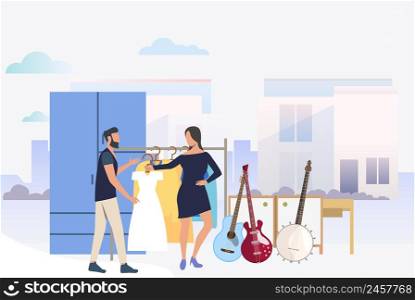 Woman and man choosing clothes. Shopping, guitar, dress, second hand. Marketing concept. Vector illustration for poster, presentation, new project