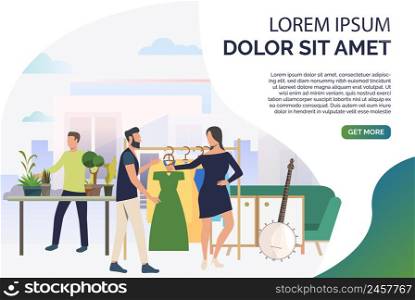Woman and man choosing dress. Shopping, guitar, sofa, tree, plant, sample text. Marketing concept. Vector illustration for poster, presentation, new project