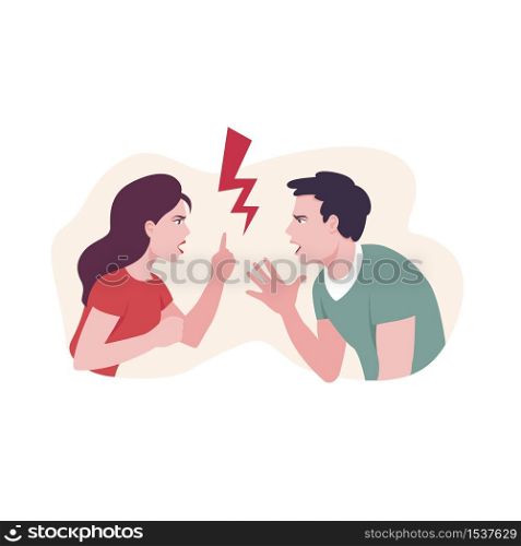 Woman and man conflict angrily, cartoon graphics. Illustration of a dispute, aggression. Angry couple angrily, aggressively conflict, in the center lightning of disagreements, battle of the sexes.. Woman and man conflict angrily, cartoon graphics.