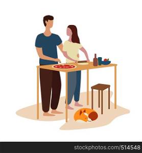 woman and man cooking pizza together. family cooking, weekend, home atmosphere. Flat vector illustration. woman and man cooking pizza together. family cooking, weekend, home atmosphere