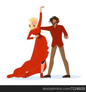 Woman And Man Dancers Dancing Flamenco Vector. Couple Dance Flamenco, Wearing Spanish Traditional Cultural Attractive Costumes. Characters Elegant Dress And Suit Flat Cartoon Illustration. Woman And Man Dancers Dancing Flamenco Vector