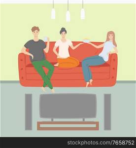 Woman and man eating popcorn vector, friendly atmosphere people looking at screen of plasma, television and films, movies and shows relaxing sofa. People Spending Time Together Watching Films Home