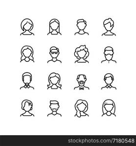 Woman and man face line icons. Female male profile outline symbols with different hairstyles. Vector people avatars isolated. Character person portrait, male and female outline illustration. Woman and man face line icons. Female male profile outline symbols with different hairstyles. Vector people avatars isolated