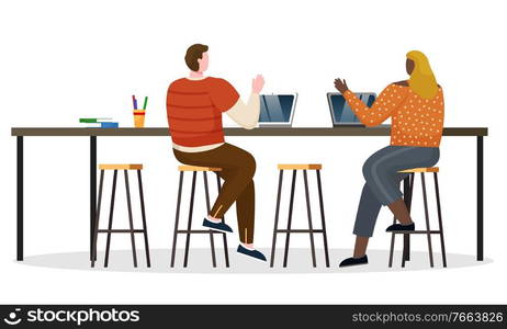 Woman and man greet each other, coworkers meet in open space. Office workers type on laptops together. People sit on high chair by table and work on computers. Vector illustration in flat style. Coworkers Greet Each Other, People Work on Laptops