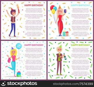 Woman and man having fun at party vector. Birthday celebration of people with bottles alcoholic drink, lady taking selfie with balloons, lady with gifts. Happy Birthday People with Confetti at Party Set