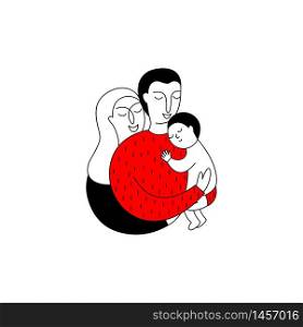 Woman and man holding a newborn. Doodle vector illustration with mom, dad and baby. Happy family concept.