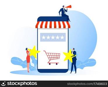 woman and man holding Stars rating for vote store shop business concept vector illustration