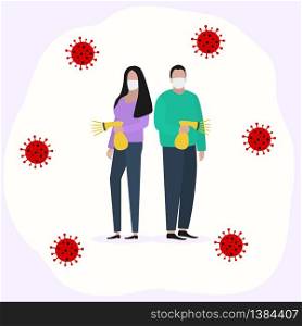 Woman and man in a protective mask sprays an antiseptic and disinfects the virus Fashion trendy illustration, flat design. Pandemic and epidemic of coronavirus in the world.. Woman and man in a protective mask sprays an antiseptic and disinfects the virus Fashion trendy illustration, flat design. Pandemic and epidemic of coronavirus in the world