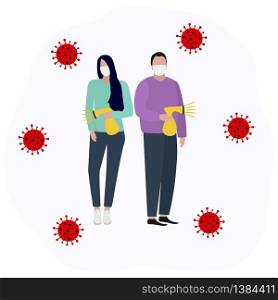 Woman and man in a protective mask sprays an antiseptic and disinfects the virus Fashion trendy illustration, flat design. Pandemic and epidemic of coronavirus in the world.. Woman and man in a protective mask sprays an antiseptic and disinfects the virus Fashion trendy illustration, flat design. Pandemic and epidemic of coronavirus in the world