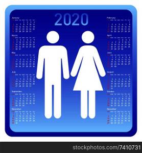 Woman and man in calendar 2020. Week starts on Sunday.. Woman and man in calendar 2020. Week starts on Sunday