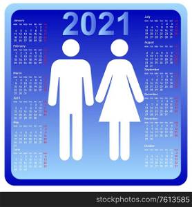 Woman and man in calendar 2021. Week starts on Monday.. Woman and man in calendar 2021. Week starts on Monday