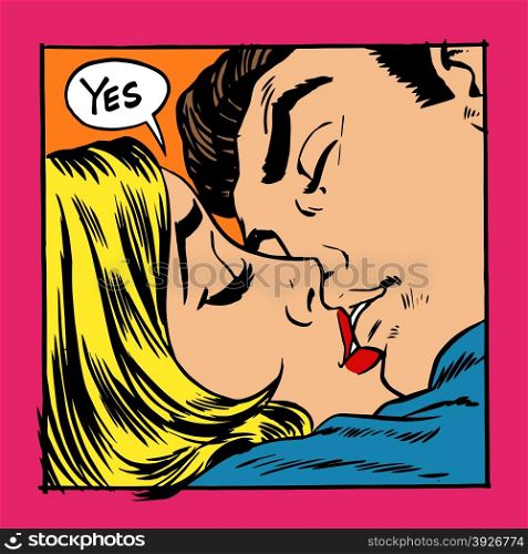 Woman and man kissing. Woman and man kissing. The girl says Yes