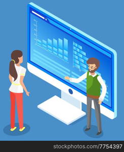 Woman and man office workers near information poster with digital indicators and charts. Report presentation statistical analysis, business lecture, educational video conference, online learning. Woman and man office workers near information presentation with digital indicators and charts