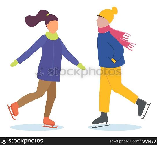 Woman and man on date doing winter outdoor activity. People skating on ice rink together. Lady and guy spend time actively on holidays. Winter time, people isolated on white. Vector illustration flat. Woman and Man on Date, Winter Skating on Rink
