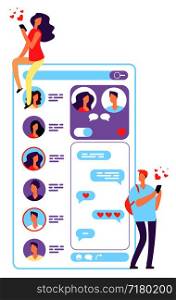 Woman and man online dating. Couple chatting with phone or website application. Romantic meeting and love relationships vector concept. Couple love, relationship dating online illustration. Woman and man online dating. Couple chatting with phone or website application. Romantic meeting and love relationships vector concept
