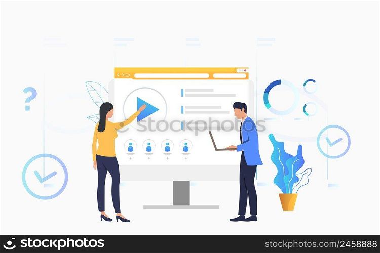 Woman and man playing video on monitor vector illustration. Website, e-learning, online education. Online courses concept. Can be used for webpages, presentations, layouts