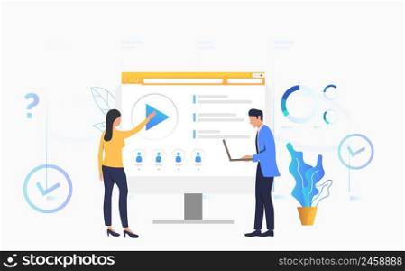 Woman and man playing video on monitor vector illustration. Website, e-learning, online education. Online courses concept. Can be used for webpages, presentations, layouts